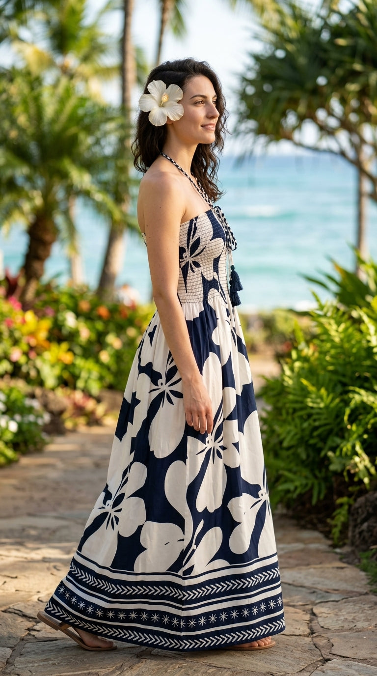 Navy Blue Floral Strapless Polyester Women Resort Tube Dress