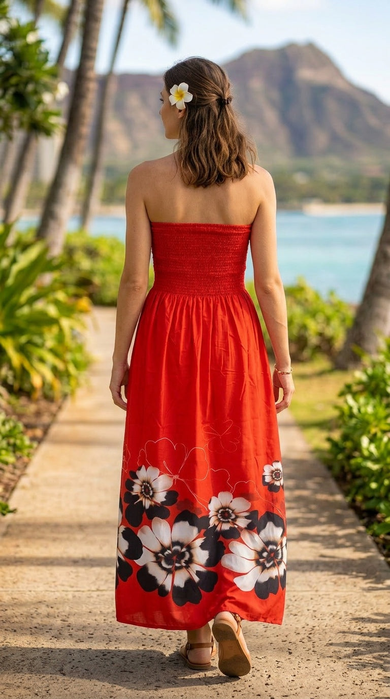 Red Floral Strapless Polyester Women Resort Tube Dress