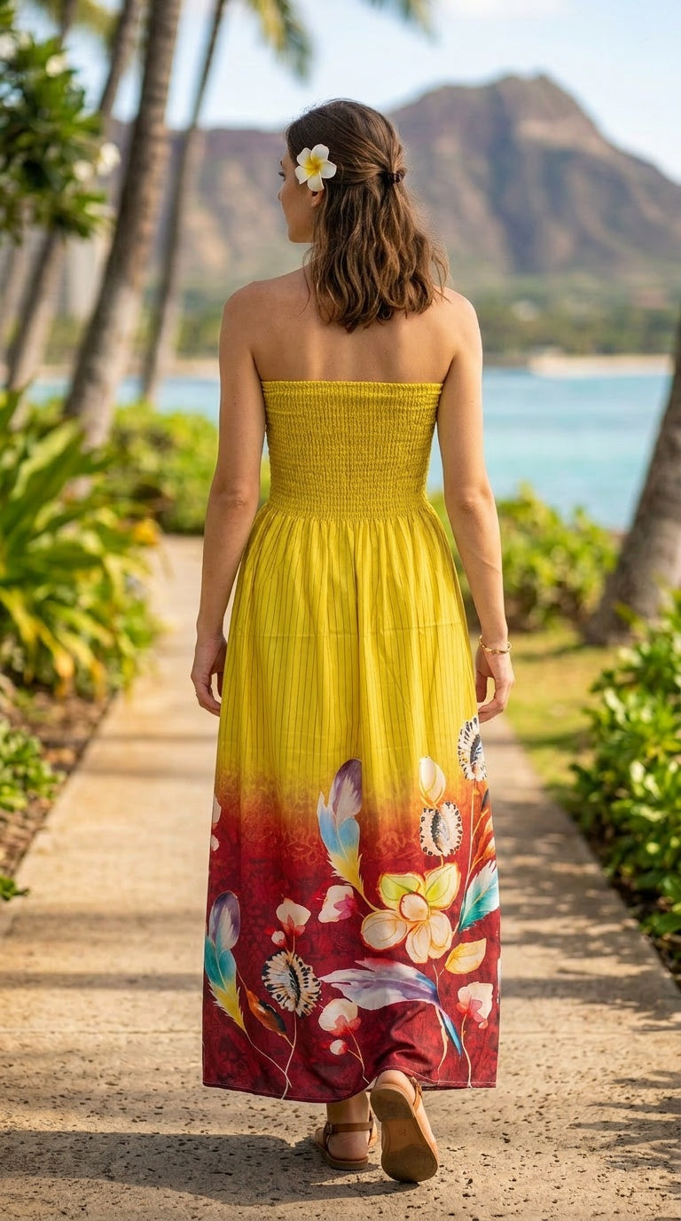 Yellow Floral Strapless Polyester Women Summer Tube Dress