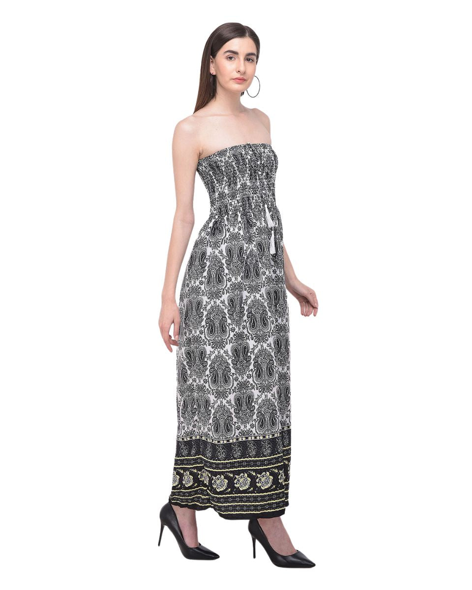 Black Strapless Paisley Printed Tube Dress For Women