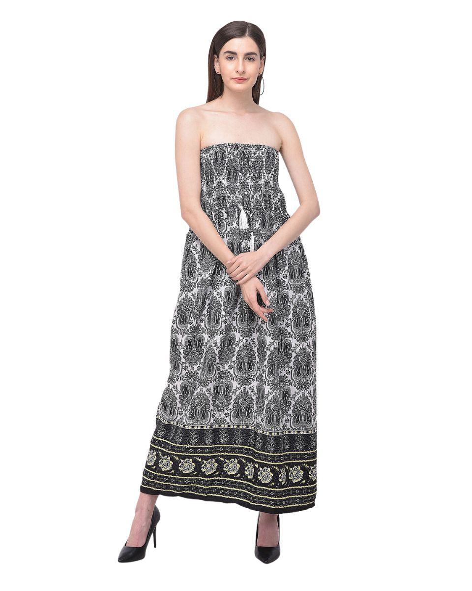 Black Strapless Paisley Printed Tube Dress For Women