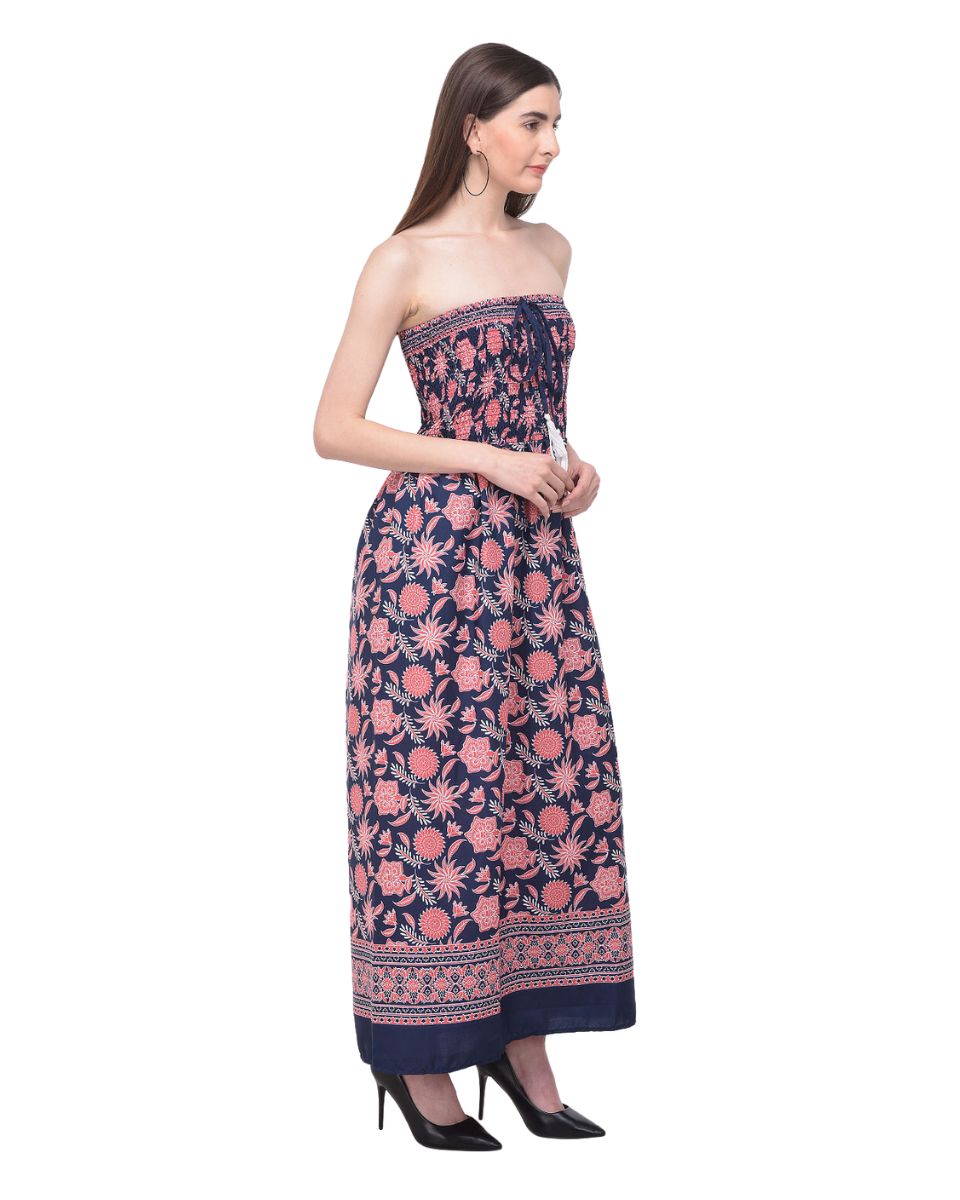 Floral Printed Pink Polyester Tube Dress For Women