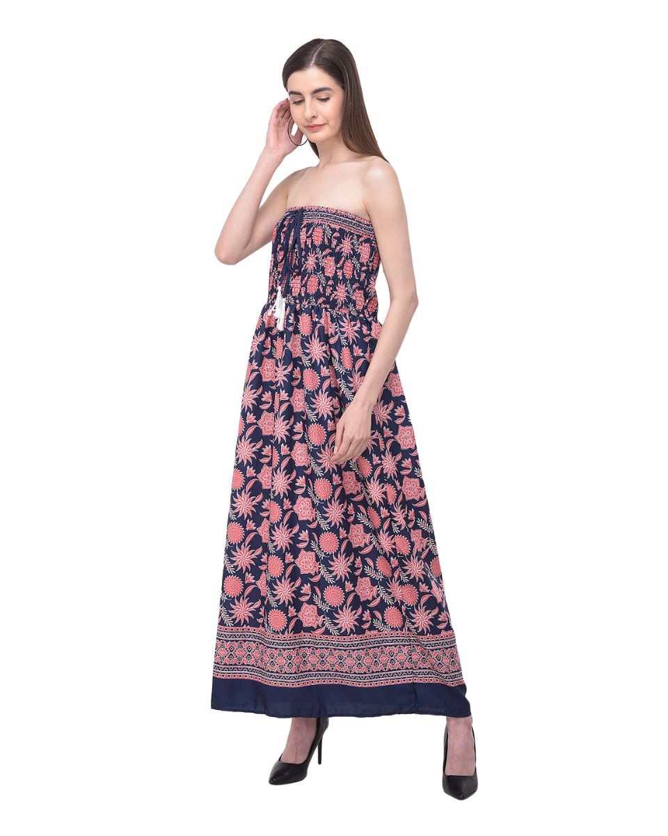 Floral Printed Pink Polyester Tube Dress For Women