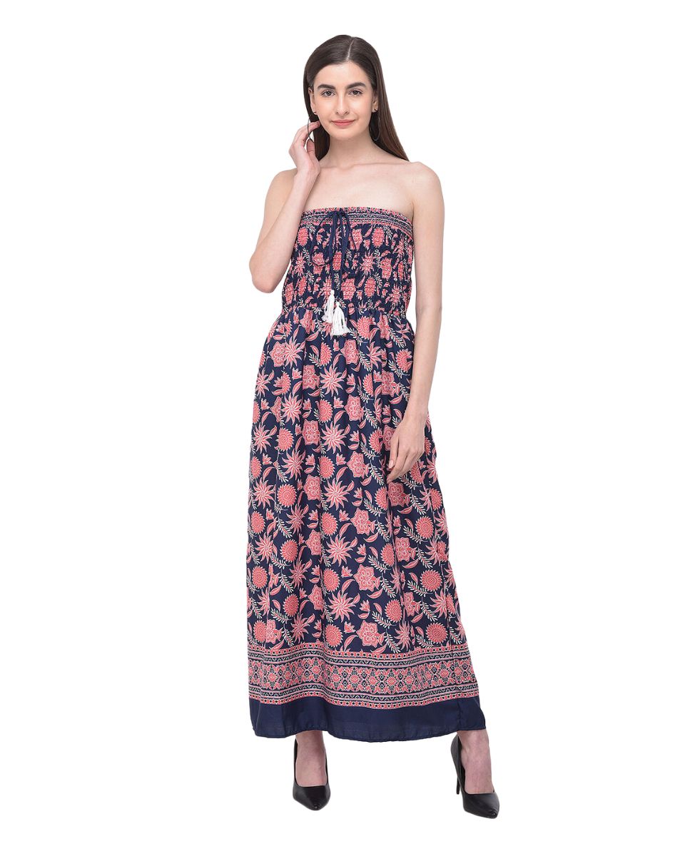 Floral Printed Polyester Pink Tube Dress for Women