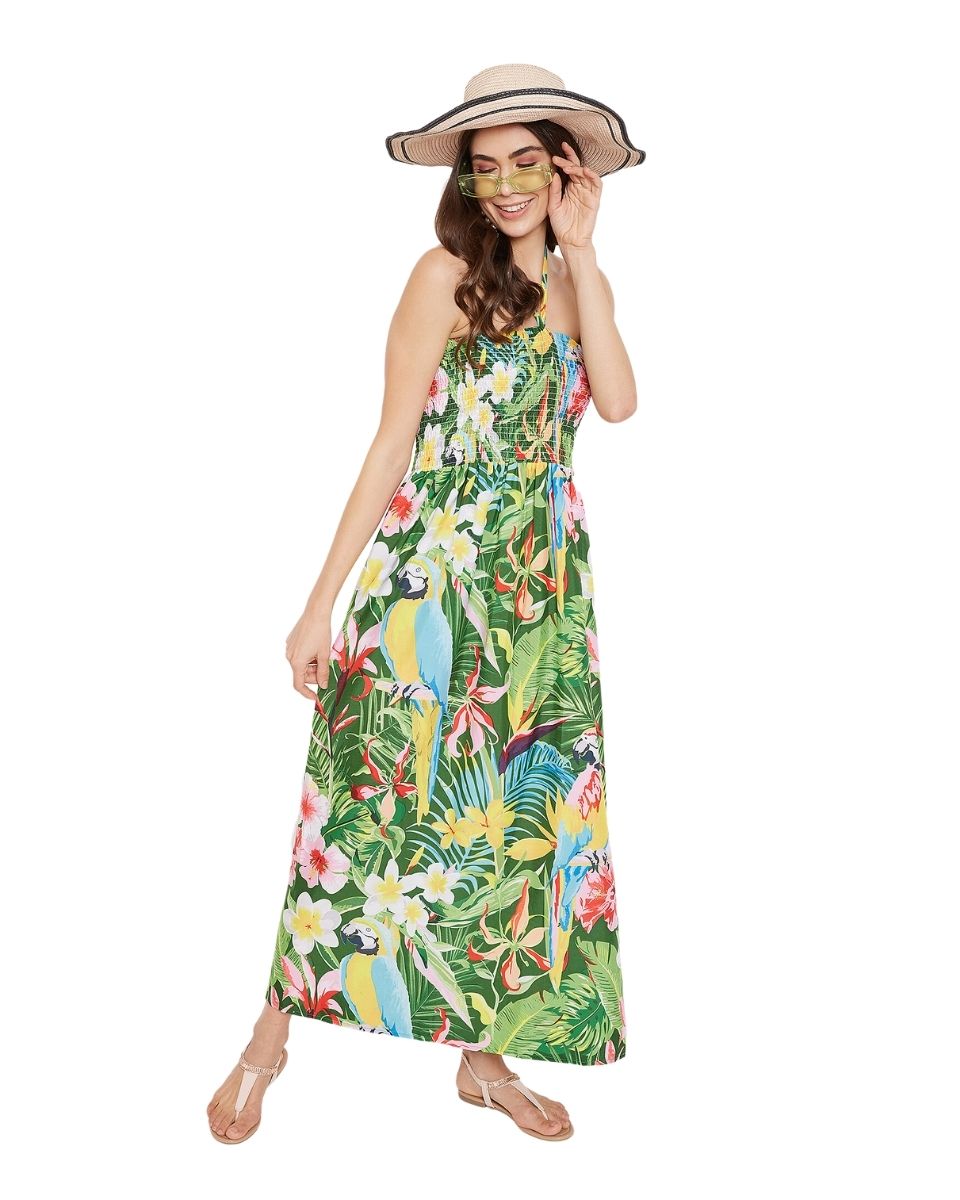 Polyester Green Floral Print Maxi Tube Dress For Women