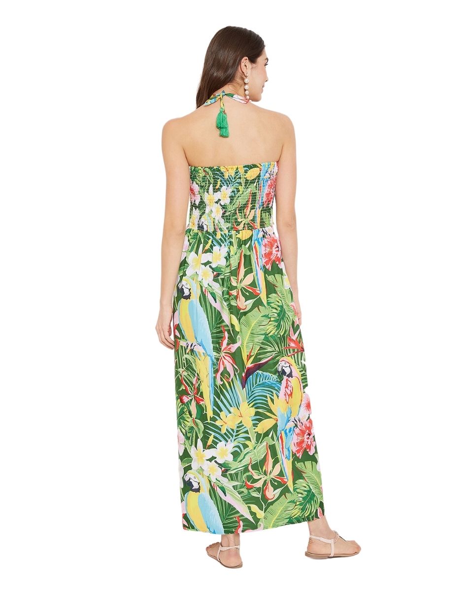 Polyester Green Floral Print Maxi Tube Dress For Women