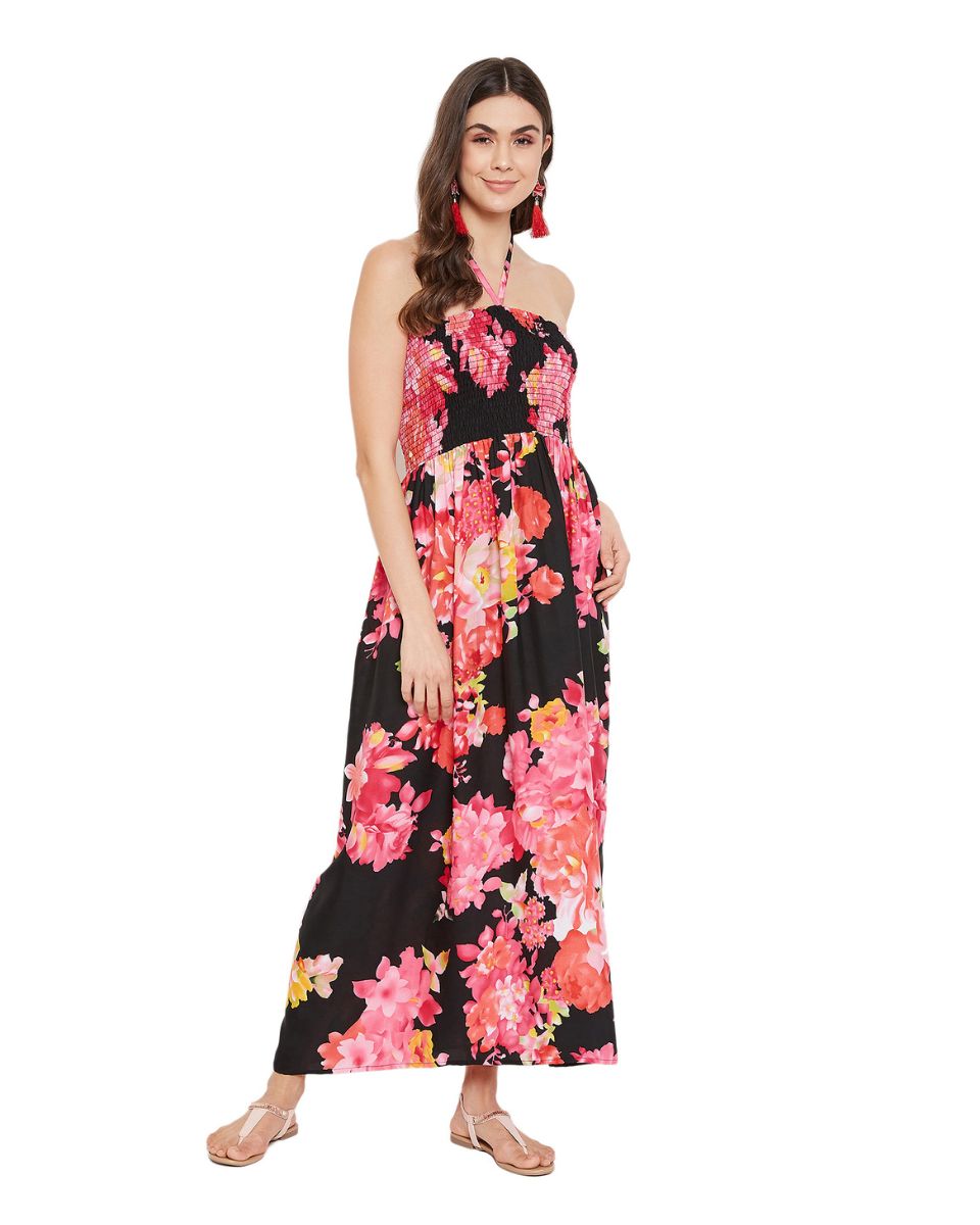 Floral Printed Black Polyester Tube Dress For Women