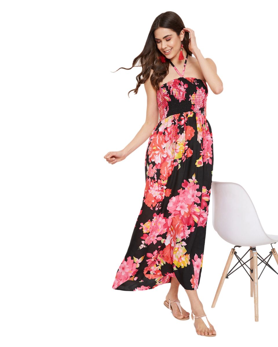 Floral Printed Black Polyester Tube Dress For Women