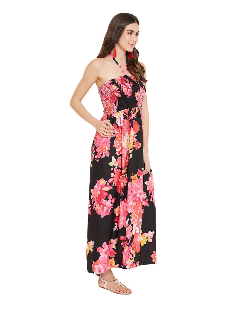 Floral Printed Black Polyester Tube Dress For Women