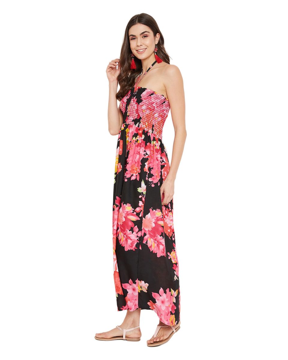 Floral Printed Black Polyester Tube Dress For Women