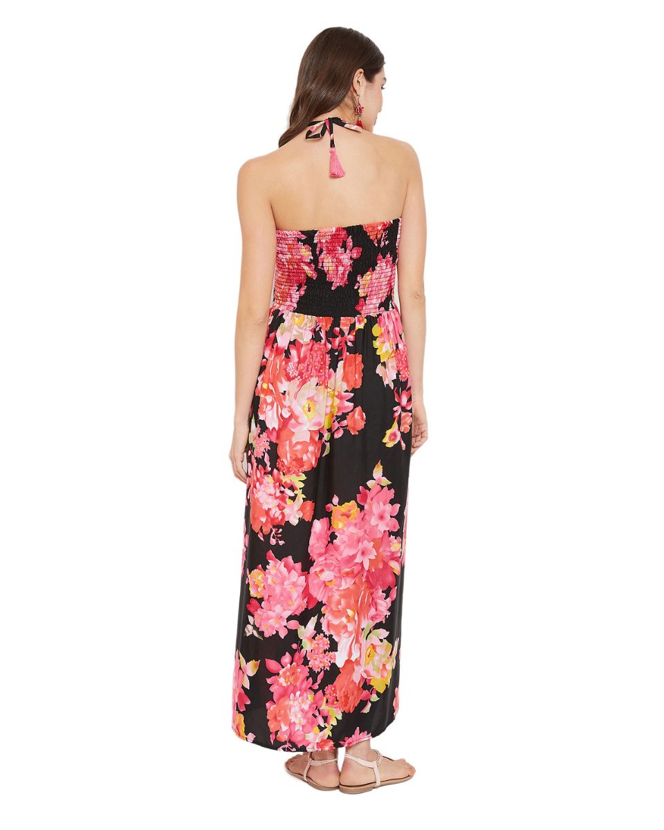 Floral Printed Black Polyester Tube Dress For Women