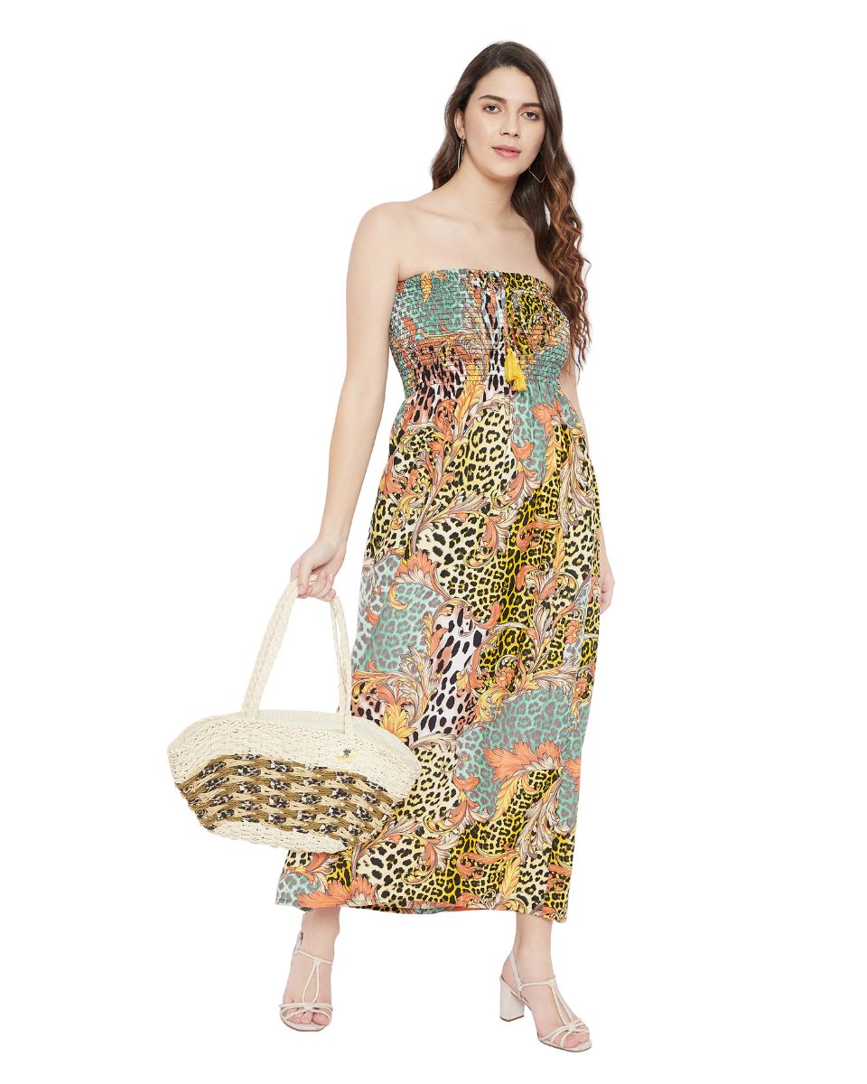 Floral And Animal Print Multicolor Polyester Tube Dress For Women