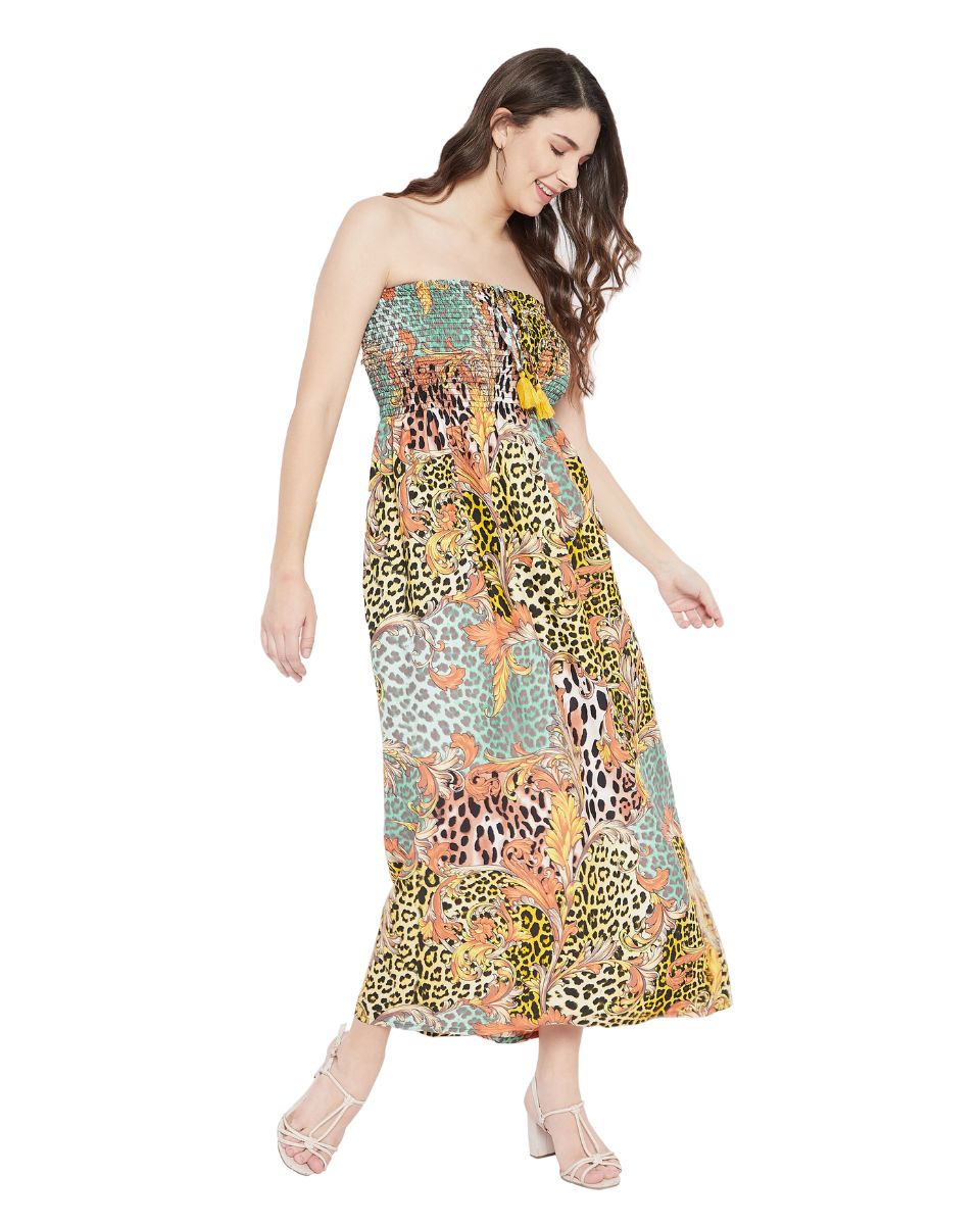 Floral And Animal Print Multicolor Polyester Tube Dress For Women