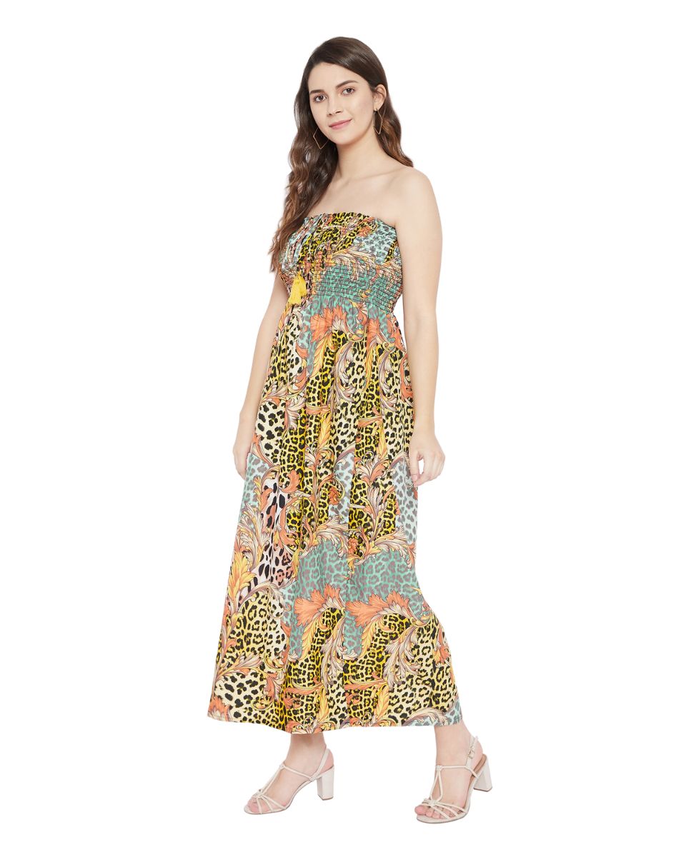 Floral And Animal Print Multicolor Polyester Tube Dress For Women