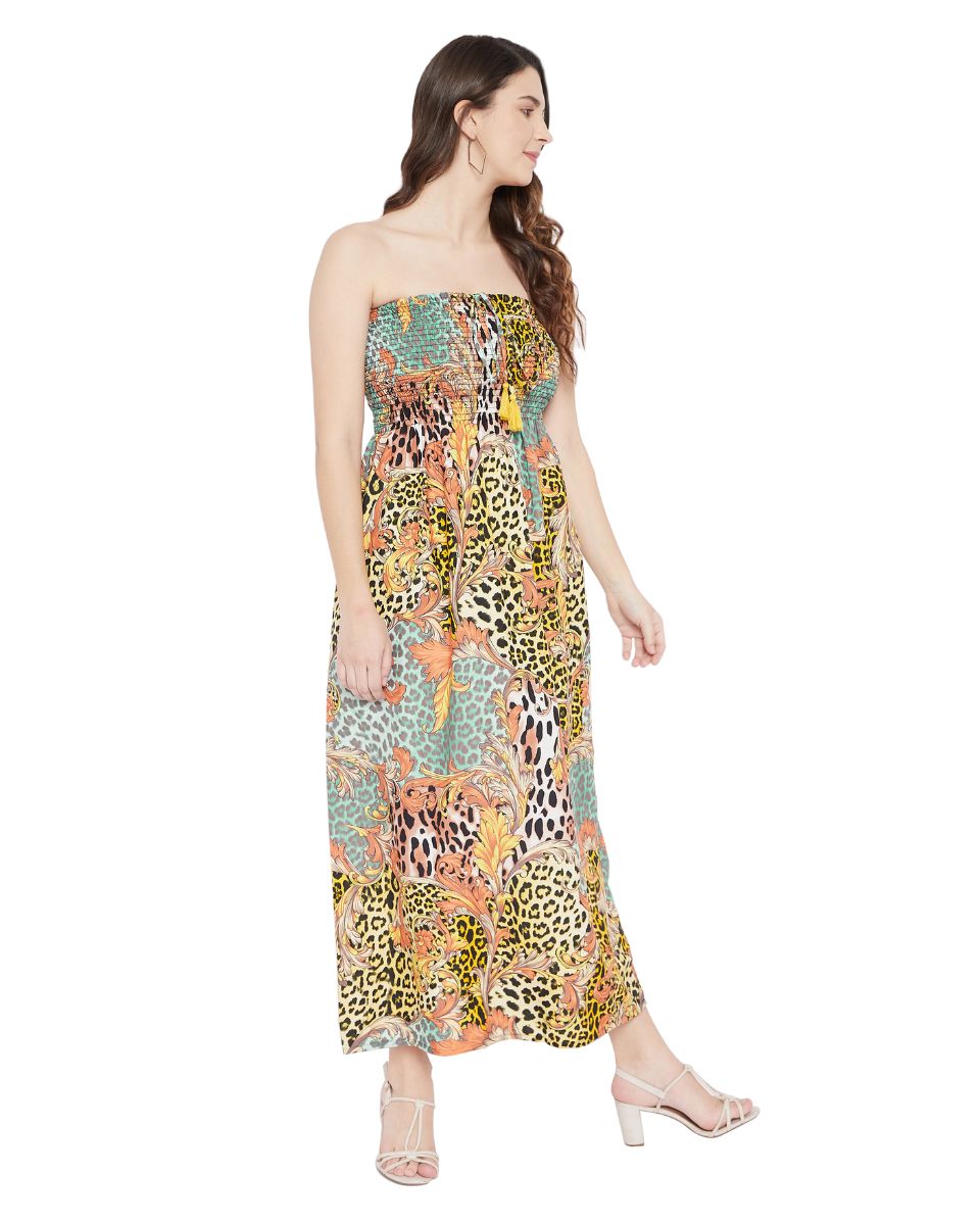 Floral And Animal Print Multicolor Polyester Tube Dress For Women