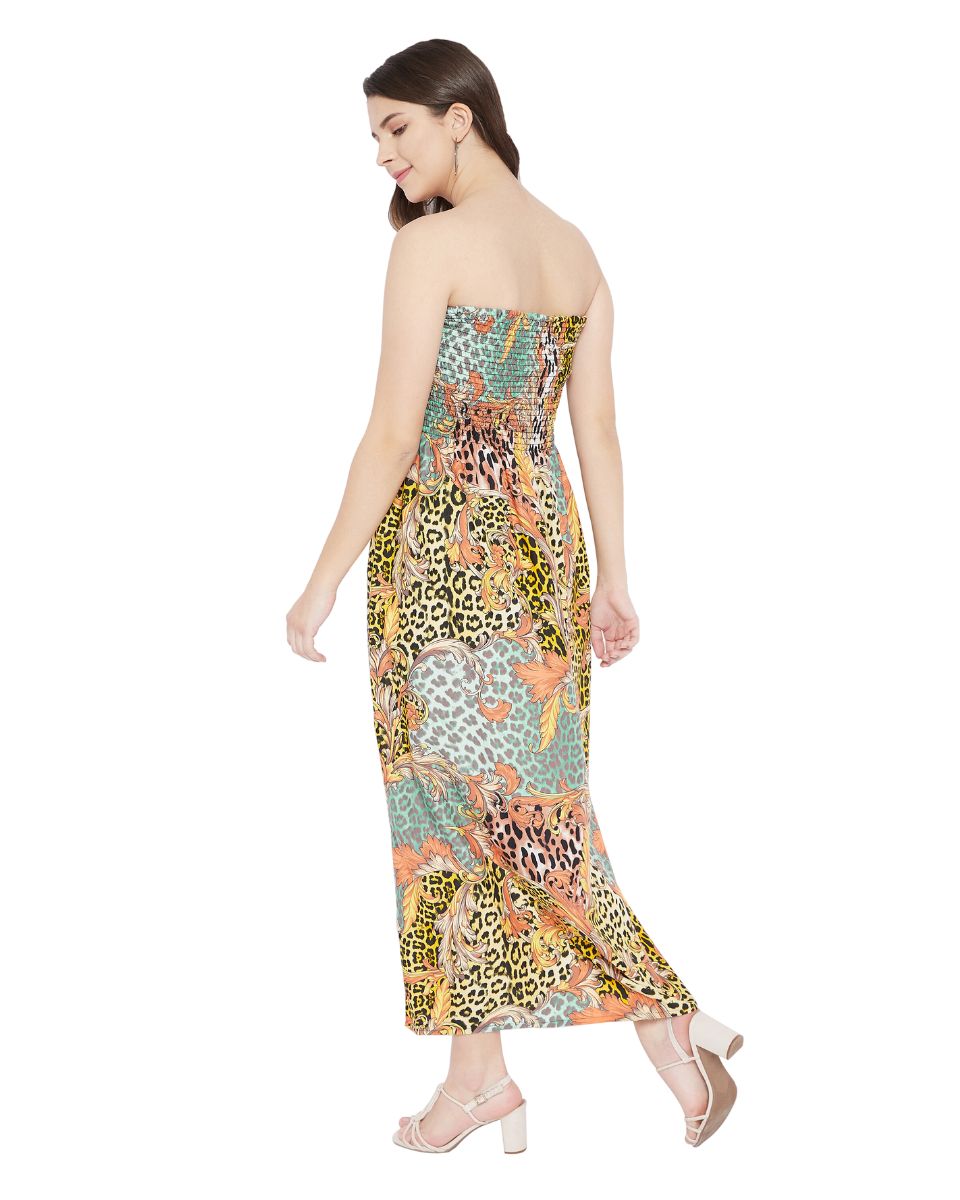 Floral And Animal Print Multicolor Polyester Tube Dress For Women