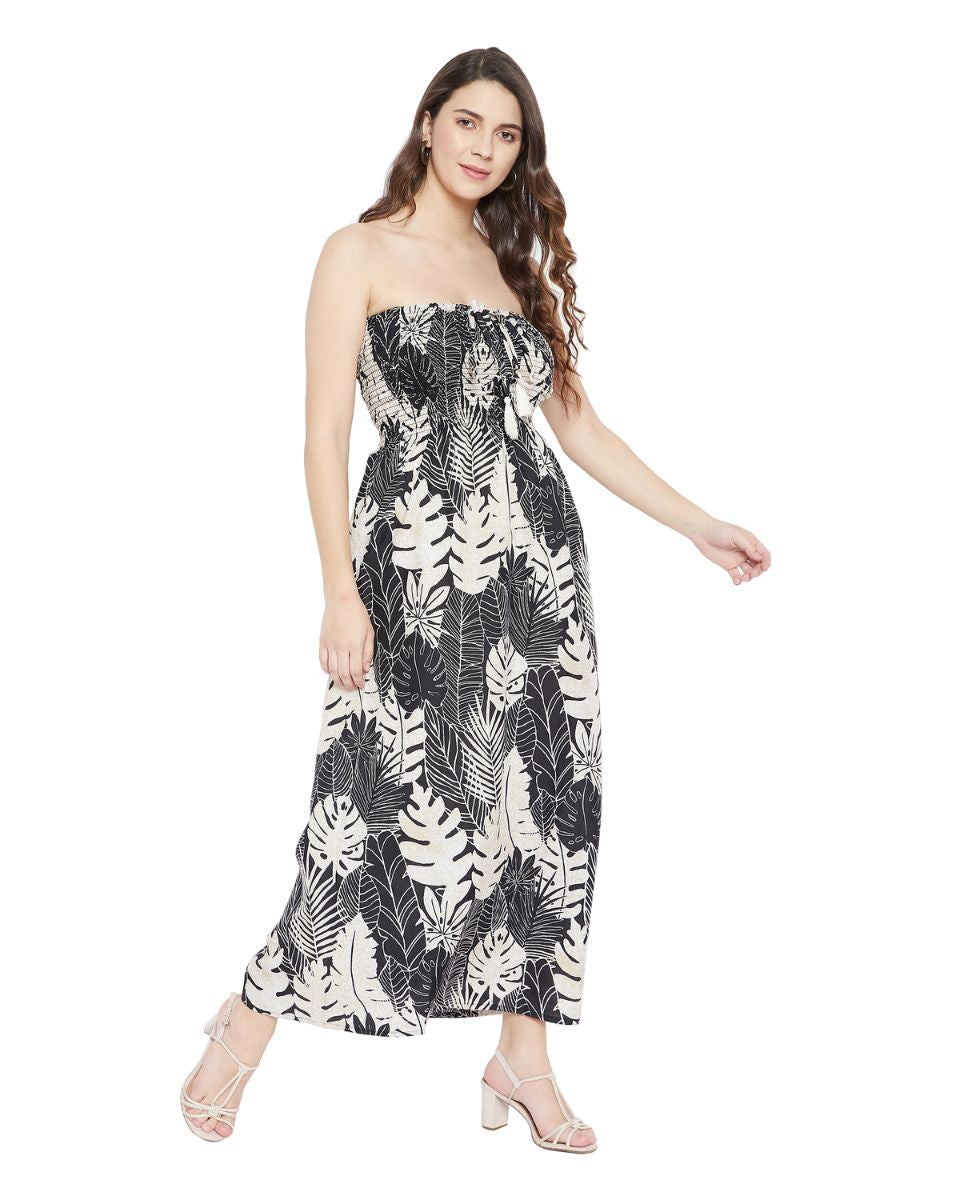 Leaf Printed Black Polyester Tube Dress For Women