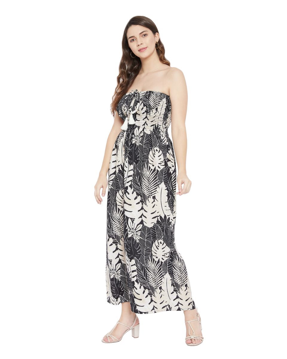 Leaf Printed Black Polyester Tube Dress For Women