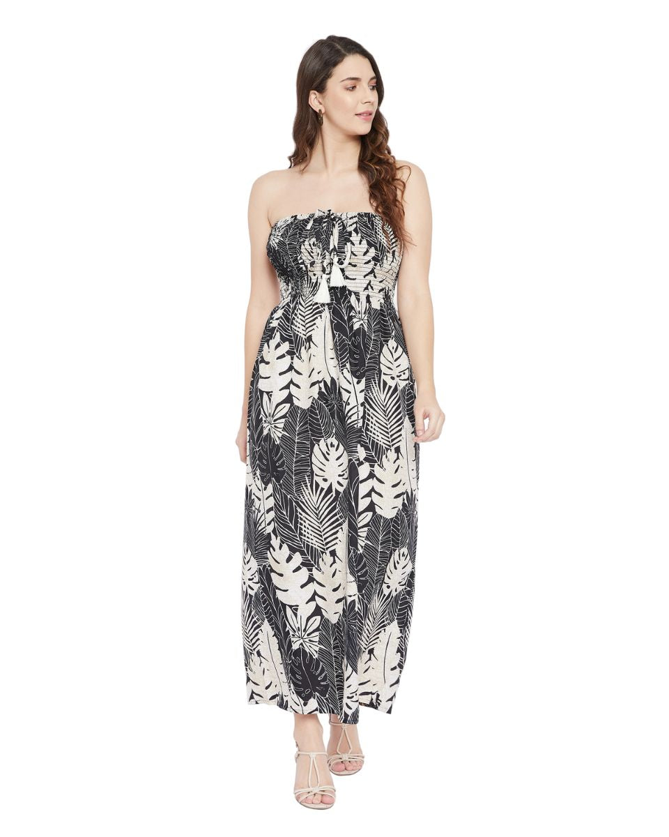 Leaf Printed Black Polyester Tube Dress For Women