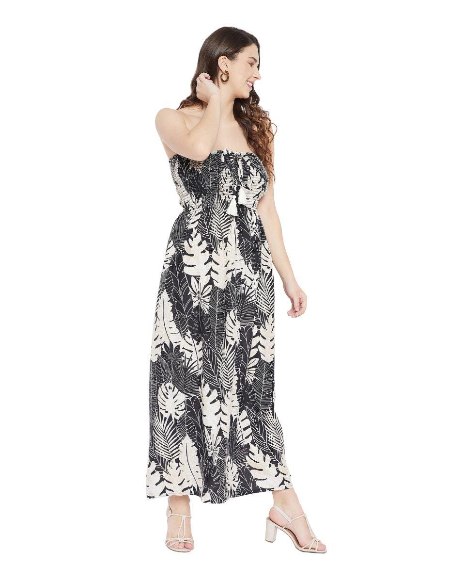 Leaf Printed Black Polyester Tube Dress For Women