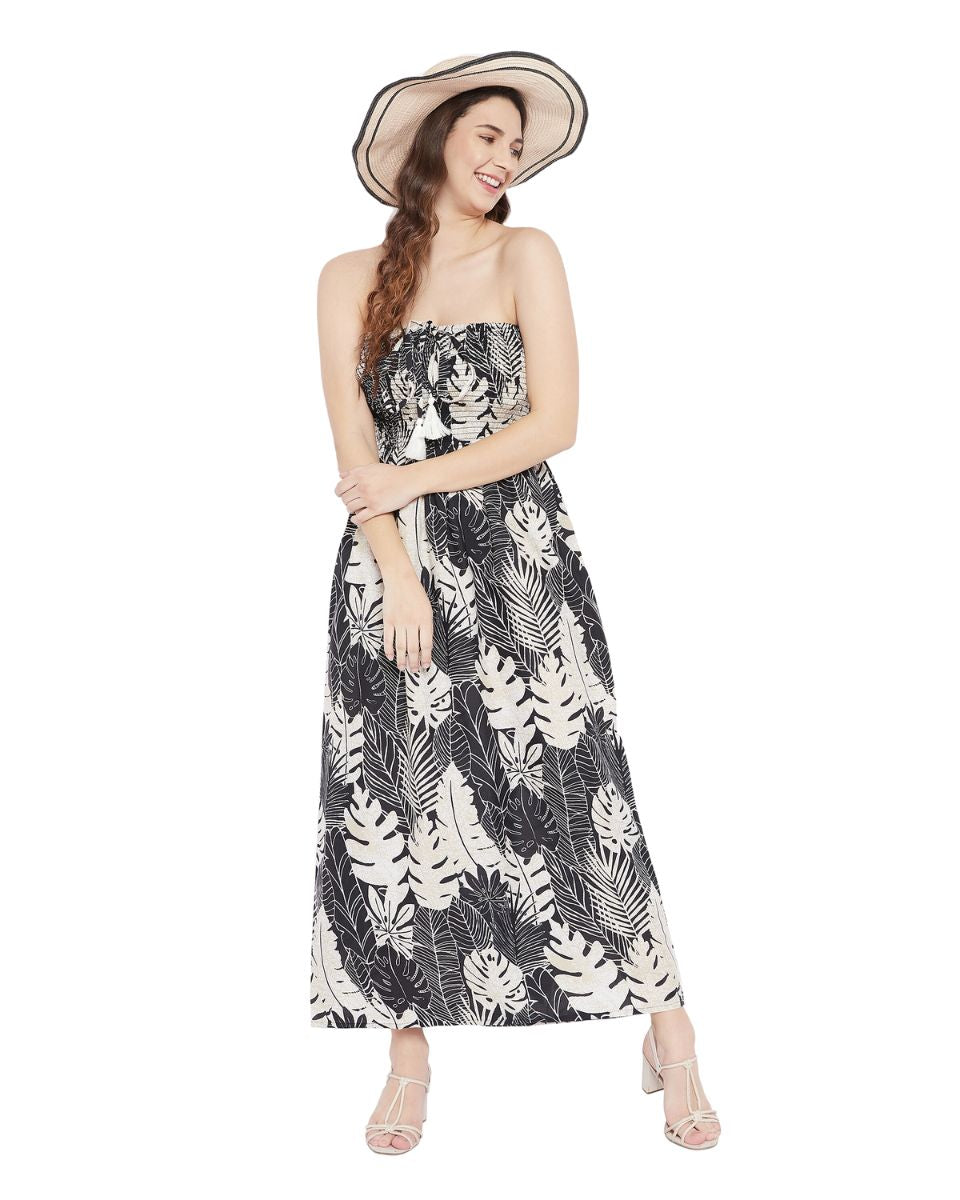 Leaf Printed Black Polyester Resort Wear Tube Dress For Women