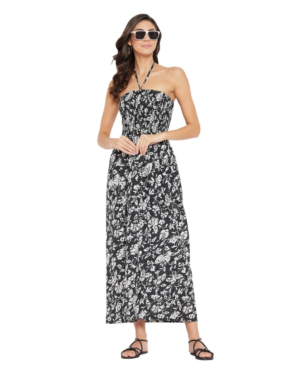 Black And White Strap Floral Print Polyester Tube Dress For Women