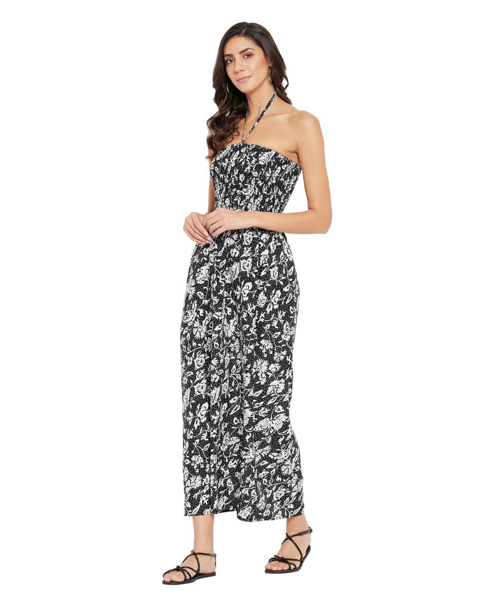 Black And White Strap Floral Print Polyester Tube Dress For Women