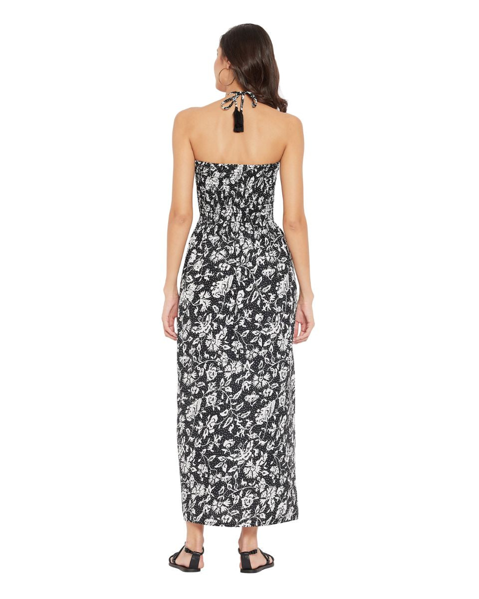 Black And White Strap Floral Print Polyester Tube Dress For Women