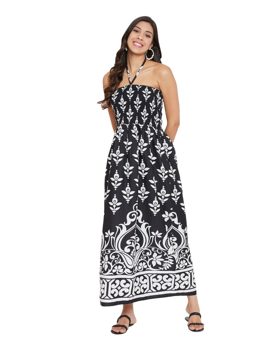 Black Floral Pattern Casual Long Tube Dress For Women