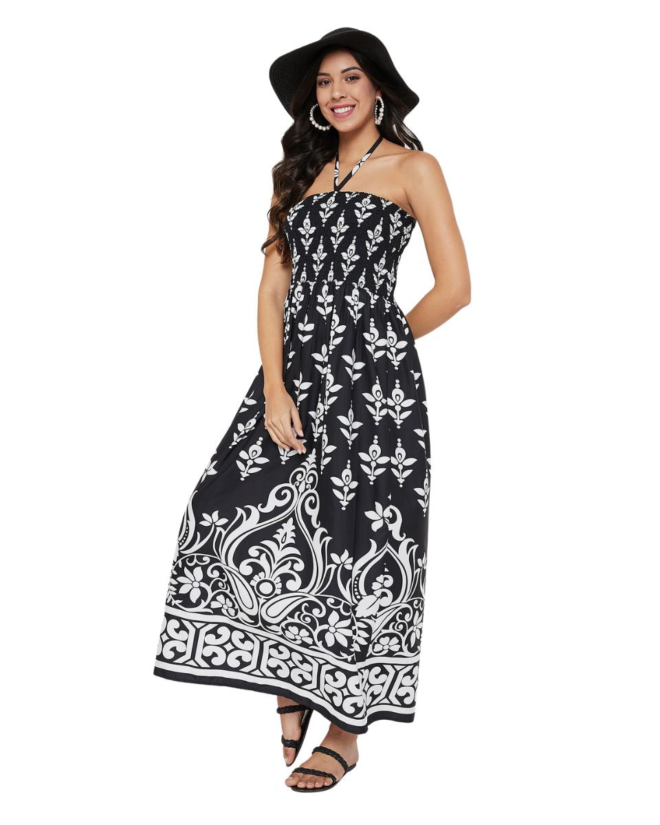 Black Floral Pattern Casual Long Tube Dress For Women