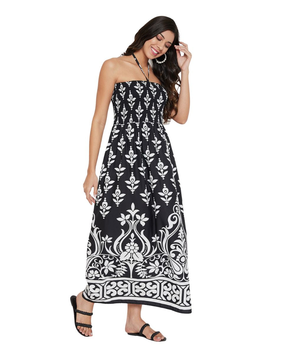 Black Floral Pattern Casual Long Tube Dress For Women