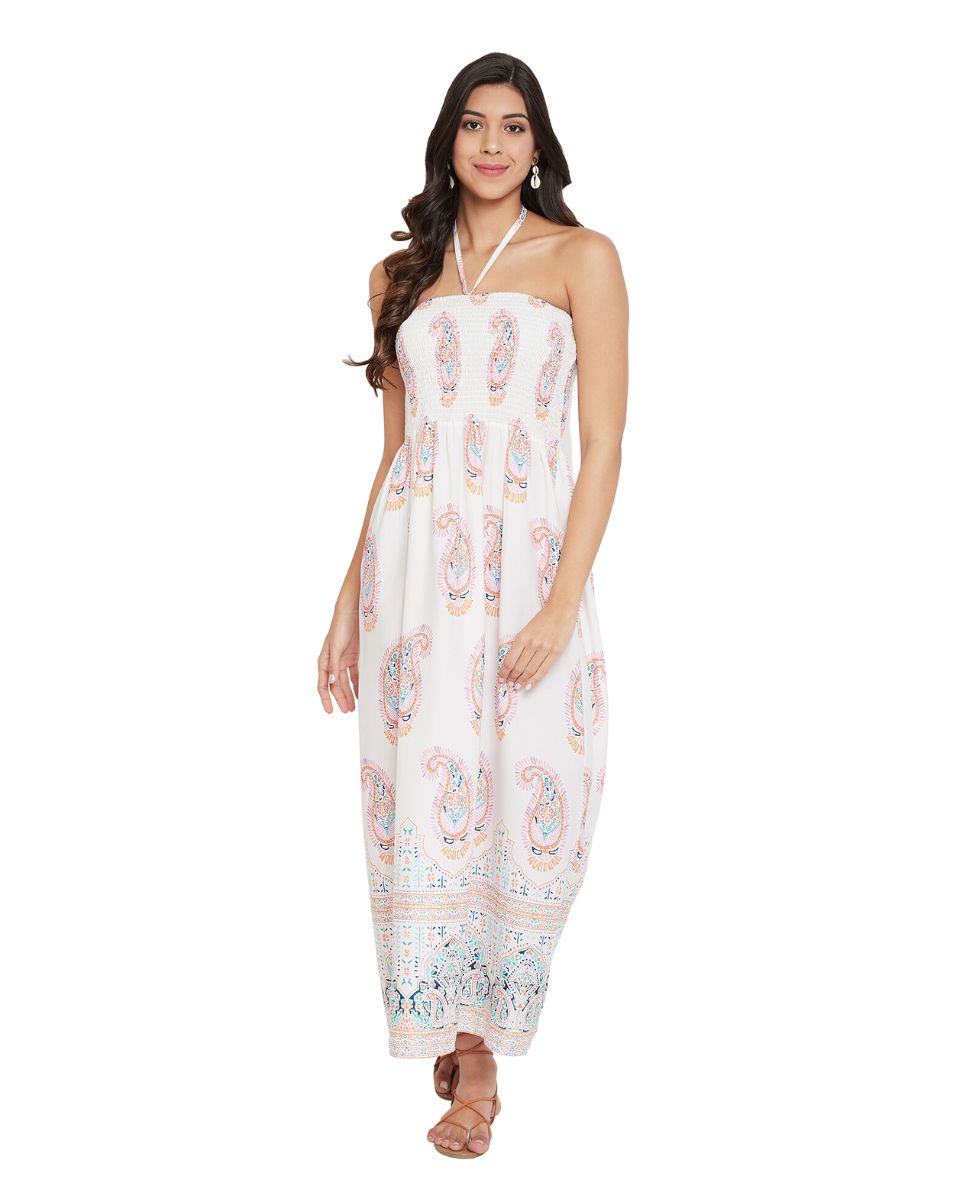 White Paisley Pattern Casual Long Tube Dress For Women