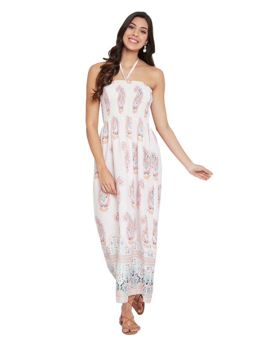 White Paisley Pattern Casual Long Tube Dress For Women