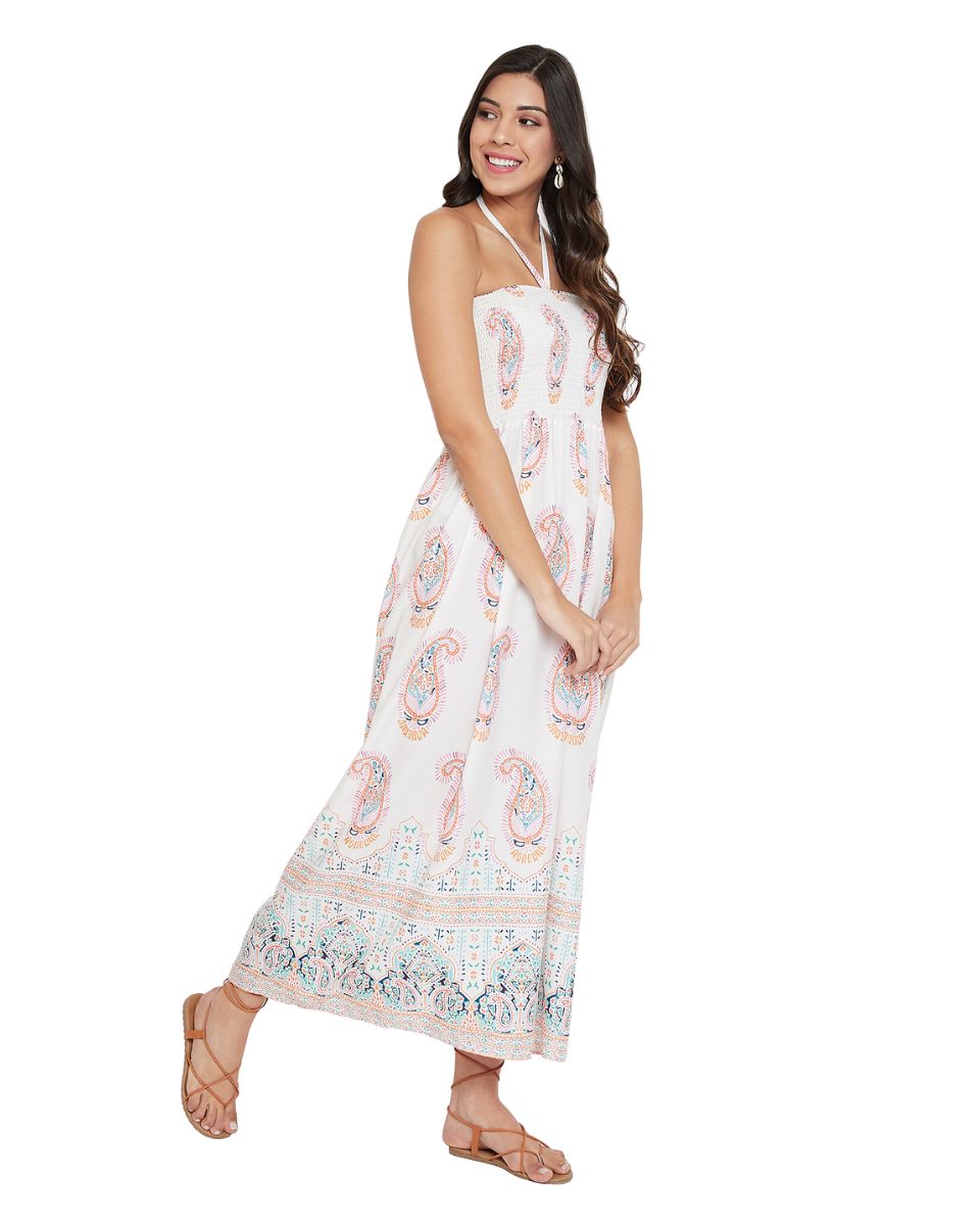 White Paisley Pattern Casual Long Tube Dress For Women