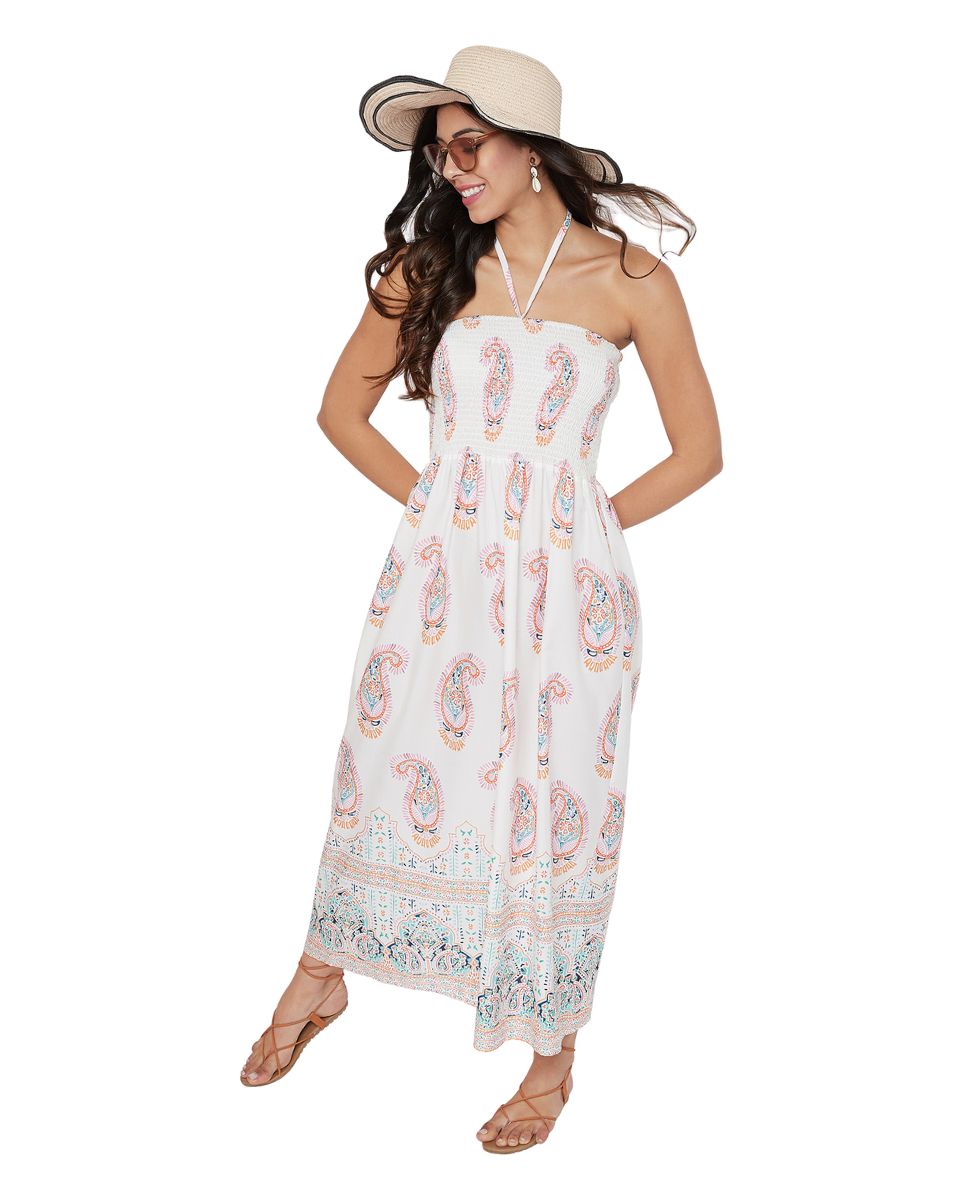 White Paisley Pattern Casual Long Tube Dress For Women