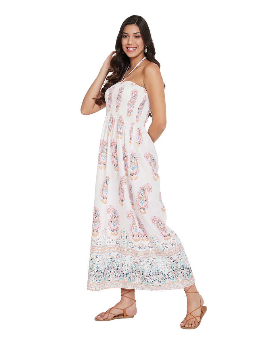 White Paisley Pattern Casual Long Tube Dress For Women