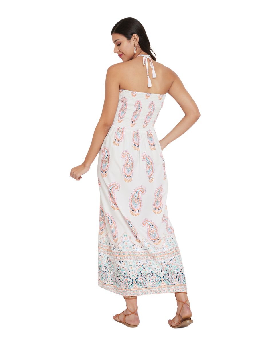 White Paisley Pattern Casual Long Tube Dress For Women