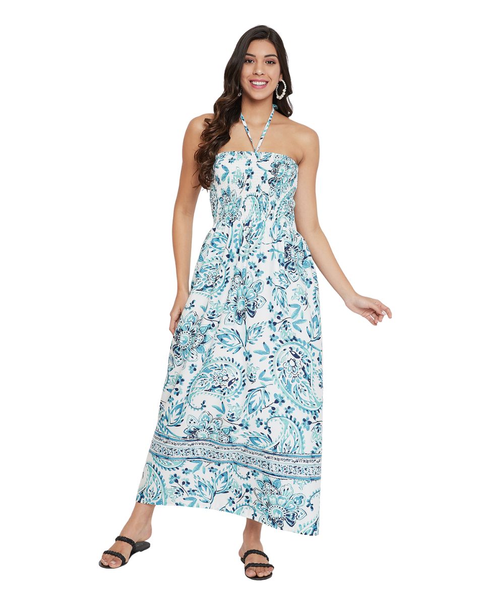 Sky blue Floral Printed Strapless Long Tube Dress For Women