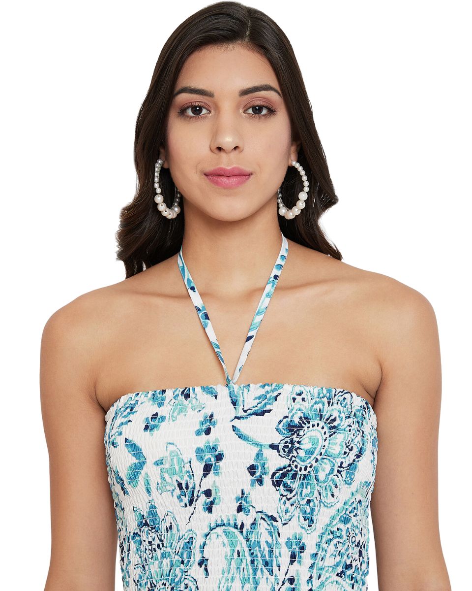 Sky blue Floral Printed Strapless Long Tube Dress For Women