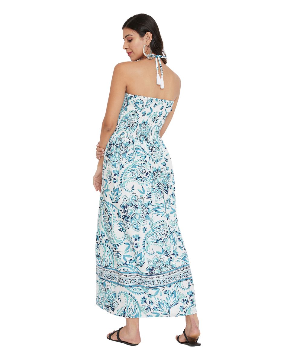 Sky blue Floral Printed Strapless Long Tube Dress For Women