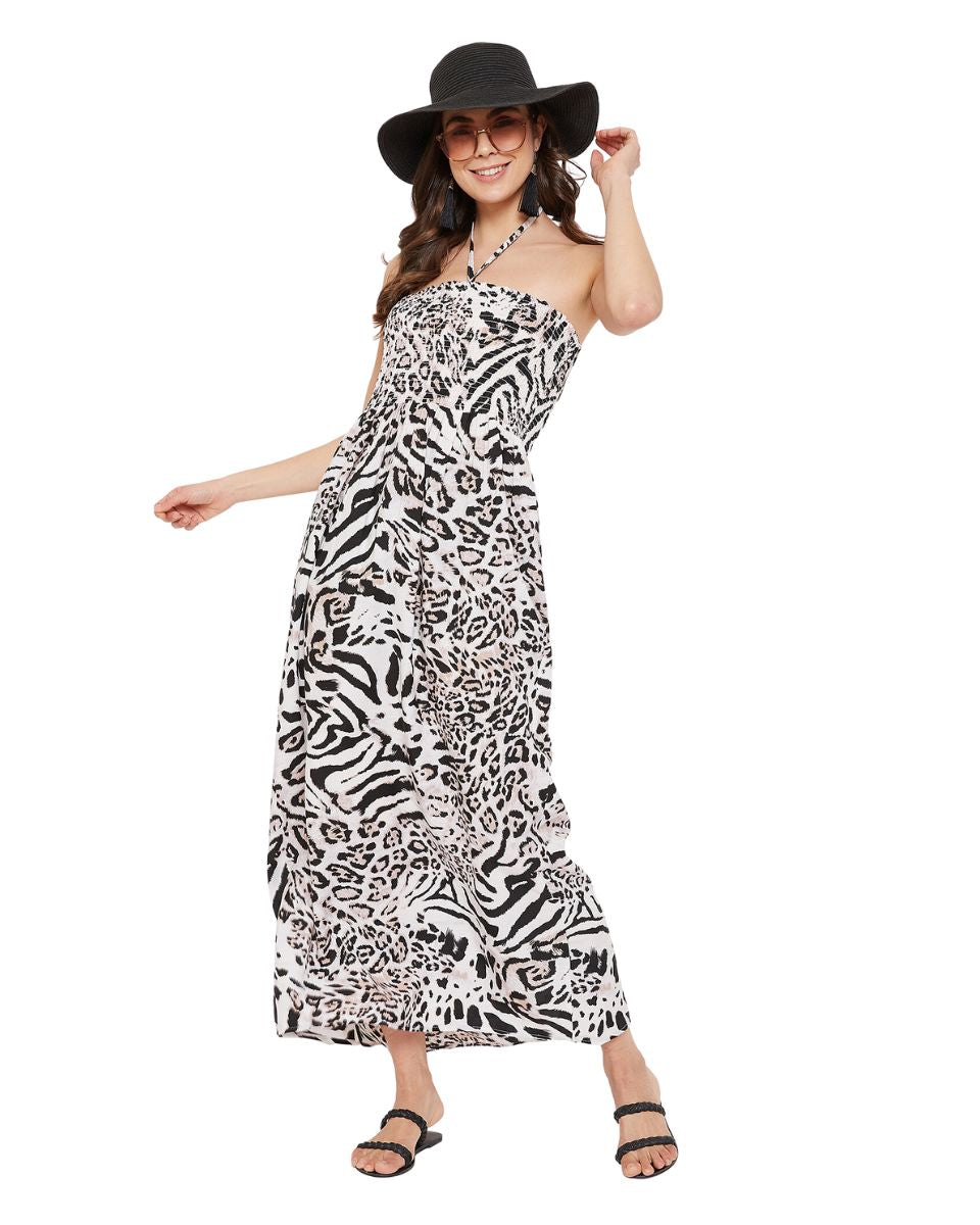 Animal Printed Black Polyester Tube Dress For Women