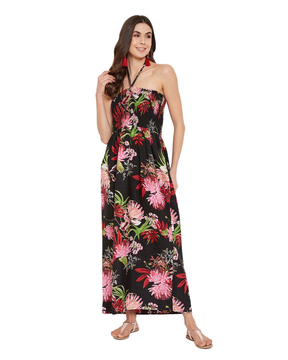 Black Floral Printed Strapless Long Tube Dress For Women