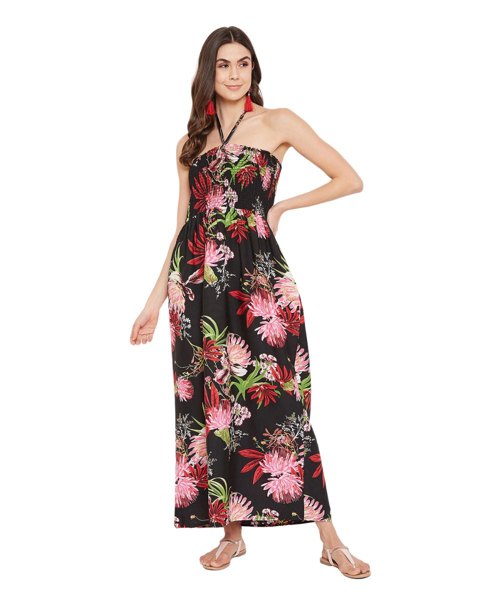 Black Floral Printed Strapless Long Tube Dress For Women