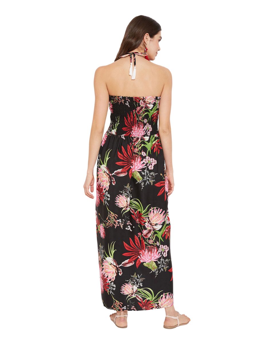 Black Floral Printed Strapless Long Tube Dress For Women