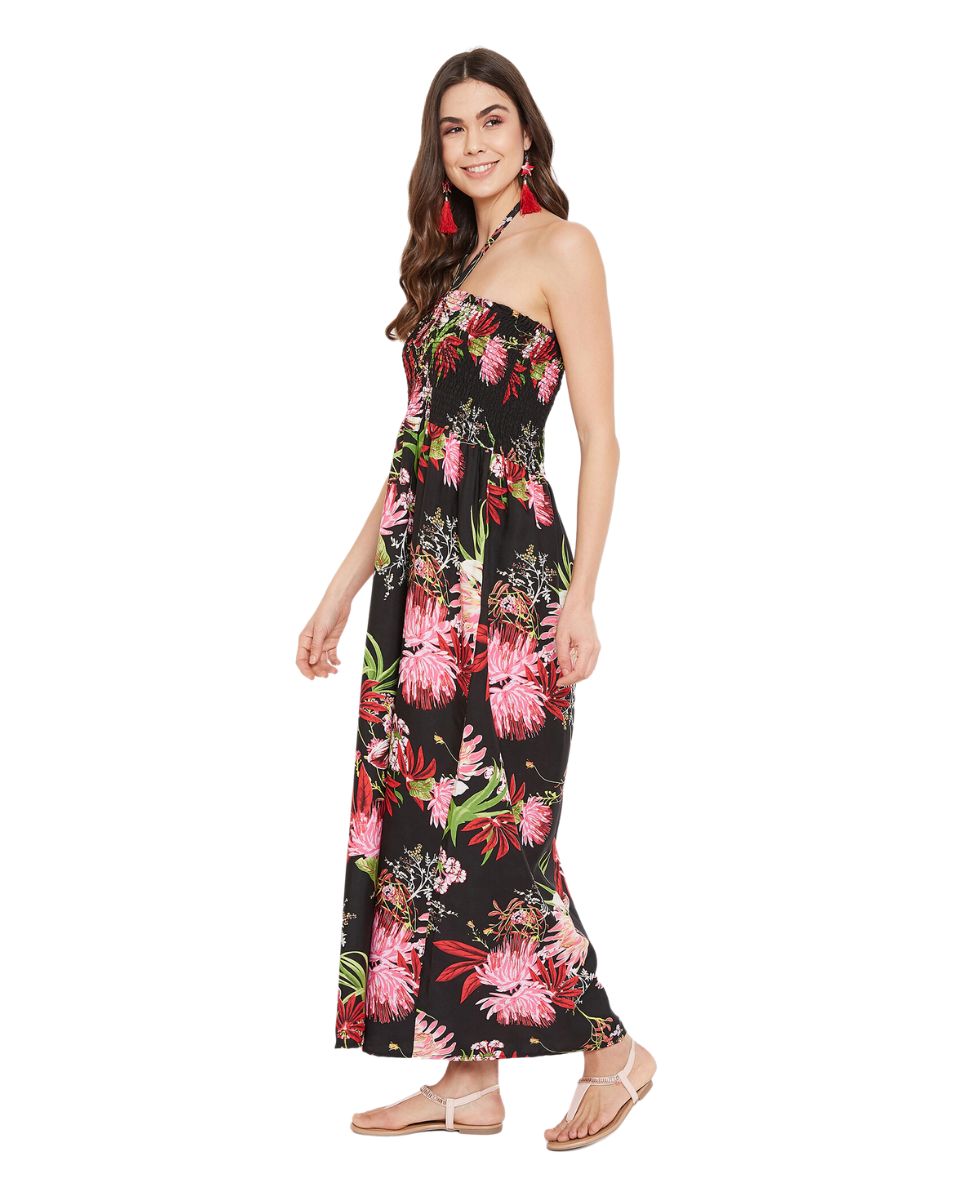 Black Floral Printed Strapless Long Tube Dress For Women