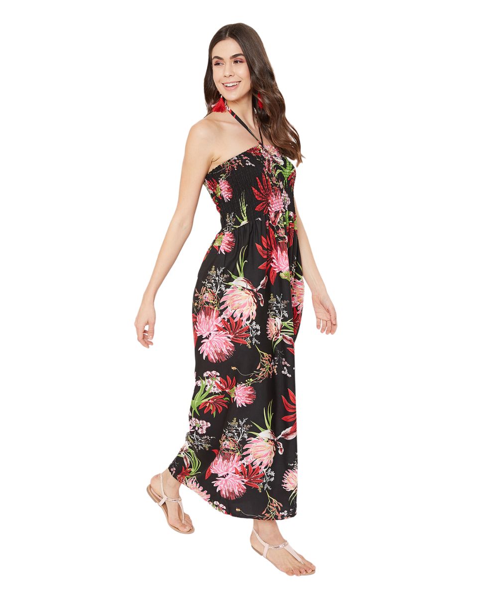 Black Floral Printed Strapless Long Tube Dress For Women