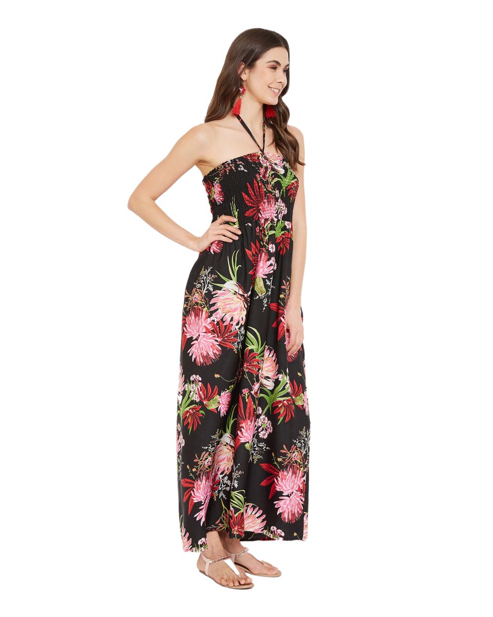 Black Floral Printed Strapless Long Tube Dress For Women