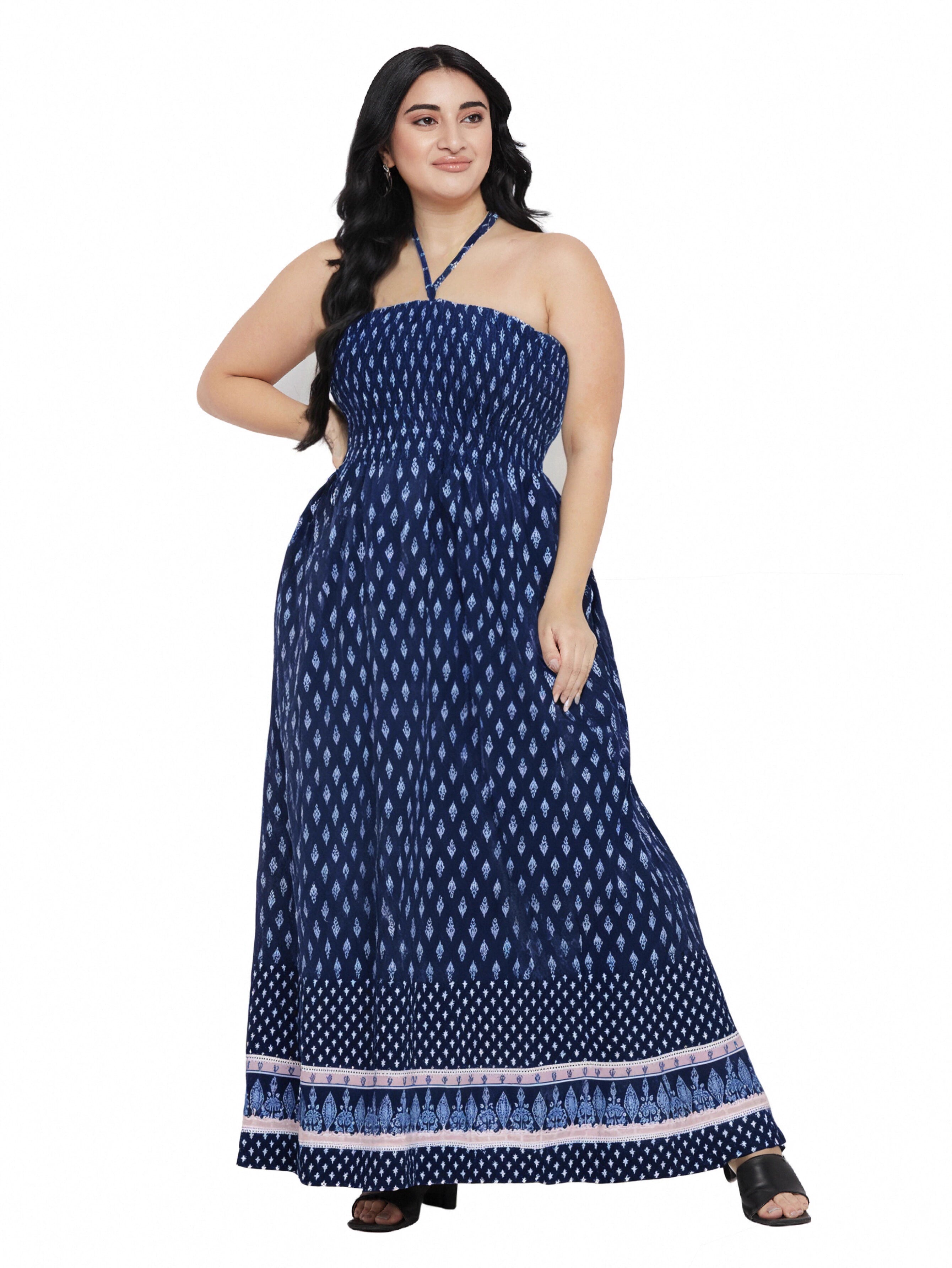 Blue Polyester Strapless Maxi Tube Dress For Plus Size Women