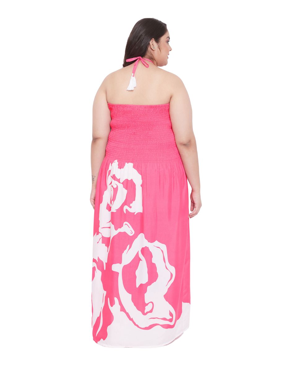 Women Fuchsia Floral Pattern Polyester Drawstring Maxi Tube Dress