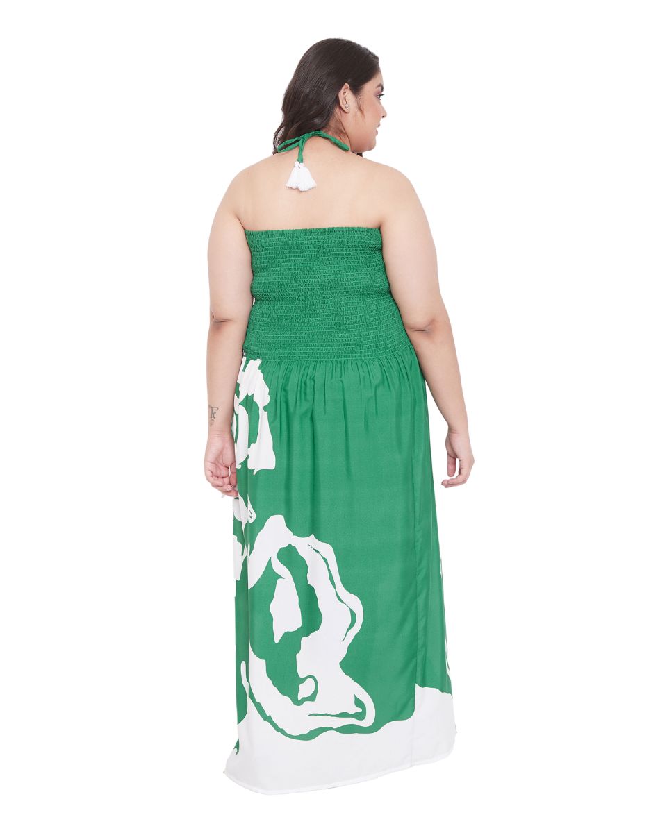 Women Green Floral Pattern Polyester Drawstring Maxi Tube Dress